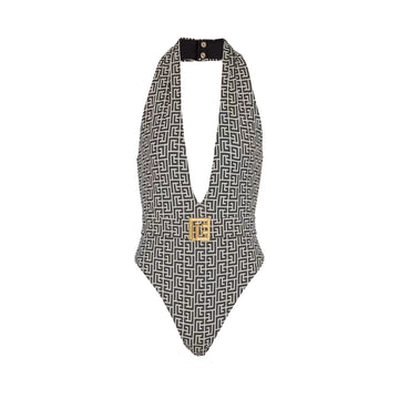 Balmain swimwear featuring a printed PB Labyrinth design with a plunging V-shaped neckline and a gold metal PB buckle. High-quality materials and stylish design. Available at Lestyle Boutique Melbourne.