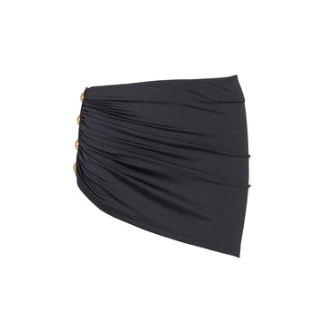 BALMAIN DRAPED BUTTON SARONG in BLACK with decorative 'Chain Lion' buttons in gold metal. High-quality swimwear available at Lestyle Boutique Melbourne
