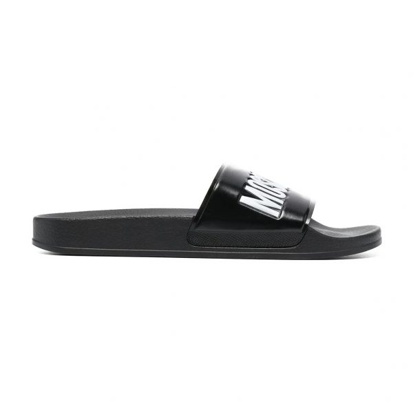 Moschino slides with rubber sole in black featuring white logo, available at Lestyle Boutique Melbourne