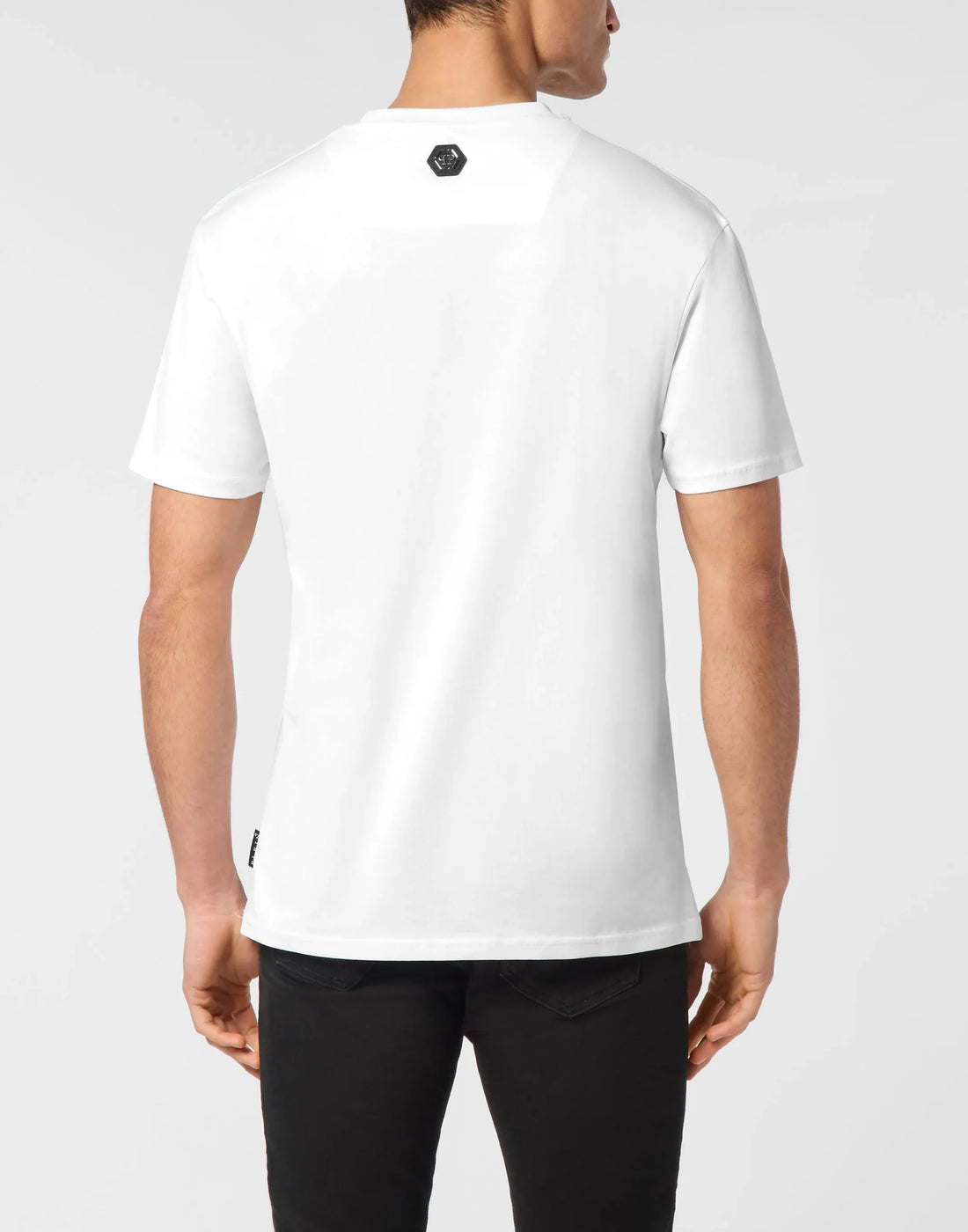 Philipp Plein white cotton jersey t-shirt with a round neck, short sleeves, "Cote D Azur Plam" graphic print on the front, and a logoed patch on the yoke, available at Lestyle Boutique 136 Little Collins St.