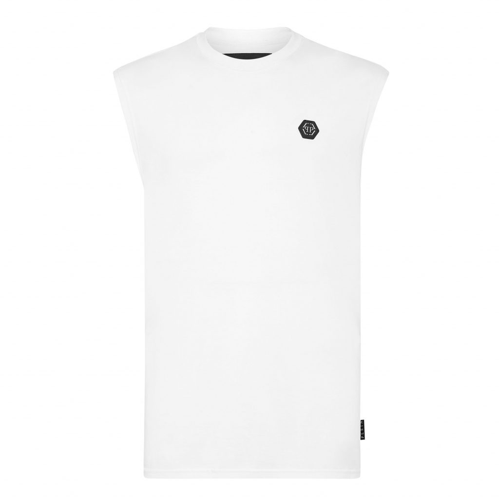 PHILIPP PLEIN T-SHIRT featuring sleeveless design with iconic Plein logo available at Lestyle Boutique Melbourne
