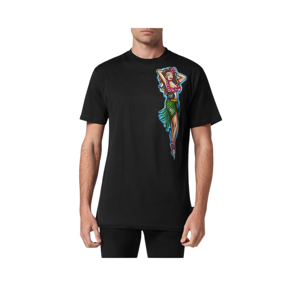 PHILIPP PLEIN T-SHIRT featuring Hawaii-themed print at left chest available at Lestyle Boutique Melbourne