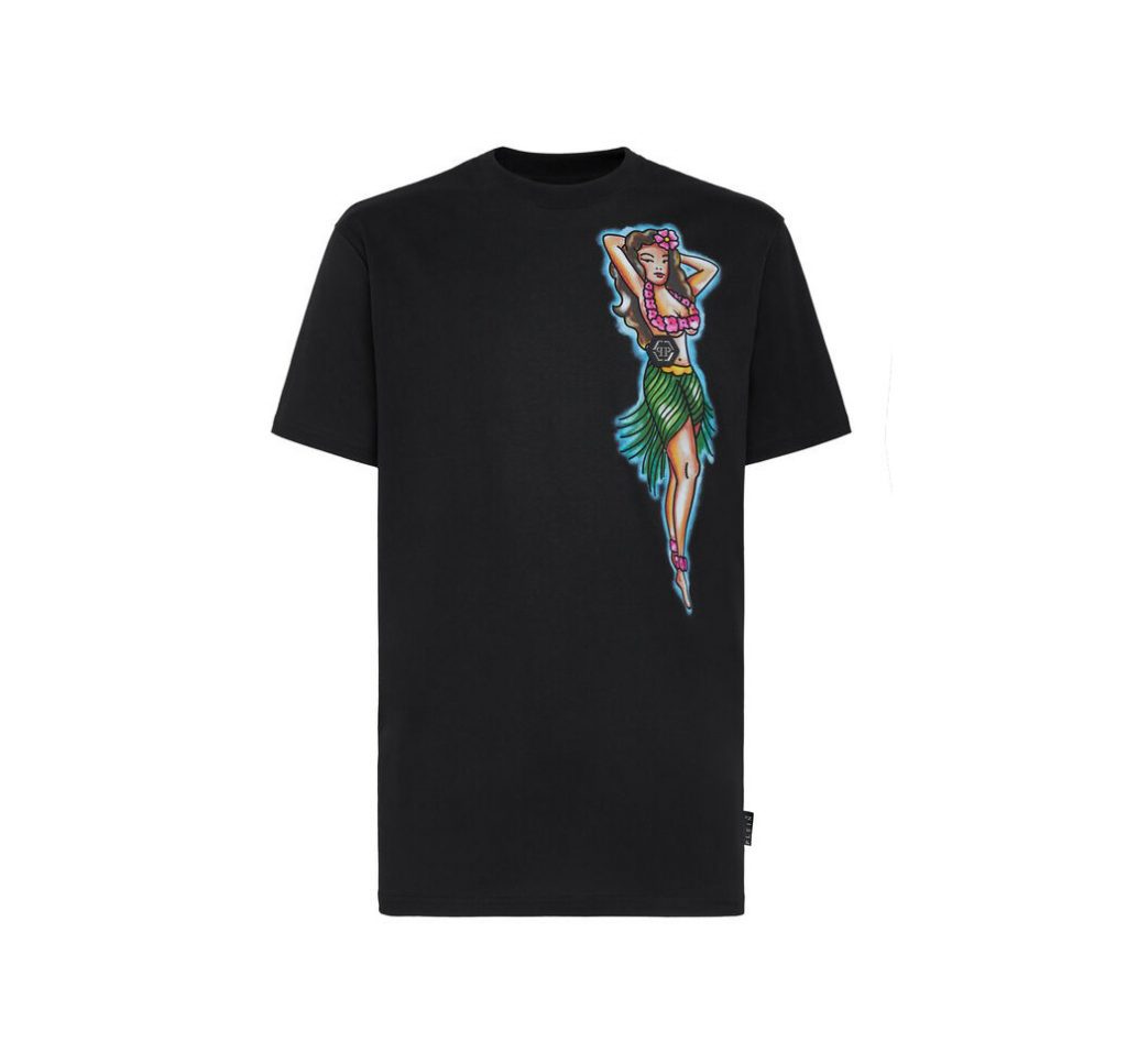 PHILIPP PLEIN T-SHIRT featuring Hawaii-themed print at left chest available at Lestyle Boutique Melbourne