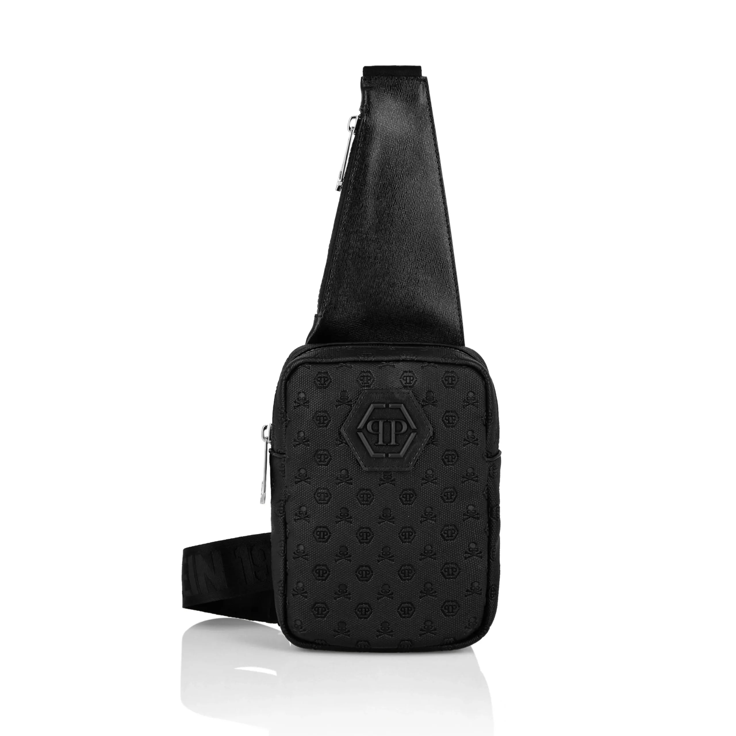 Philipp Plein black monogram-embossed canvas and leather crossbody bag with adjustable strap and zip pockets, available at Lestyle Boutique.
