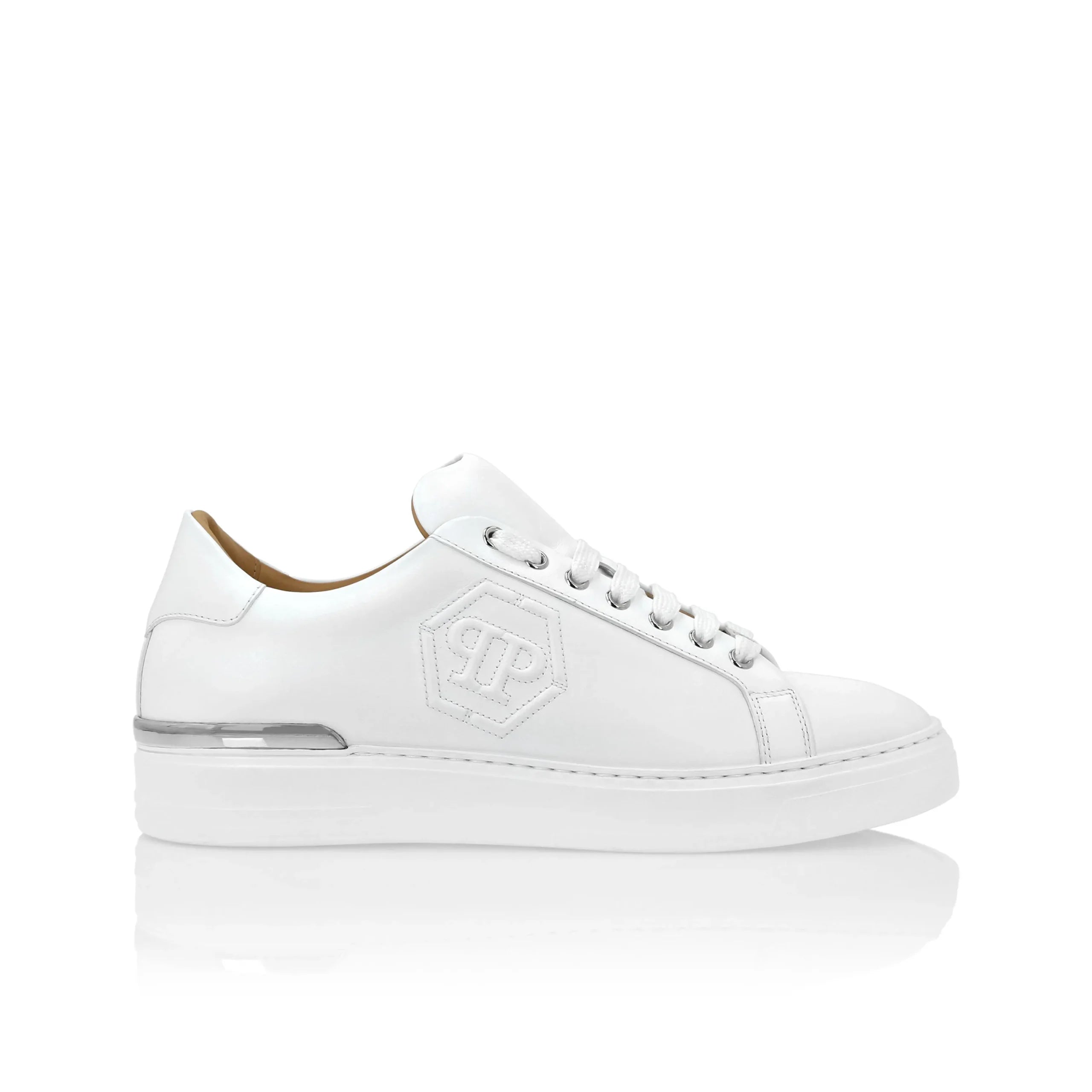Philipp Plein white Nappa leather lo-top sneakers featuring a PP Hexagon logo print, nickel-plated heel stabilizer, moulded outsole, and luxury craftsmanship, available at Lestyle Boutique.