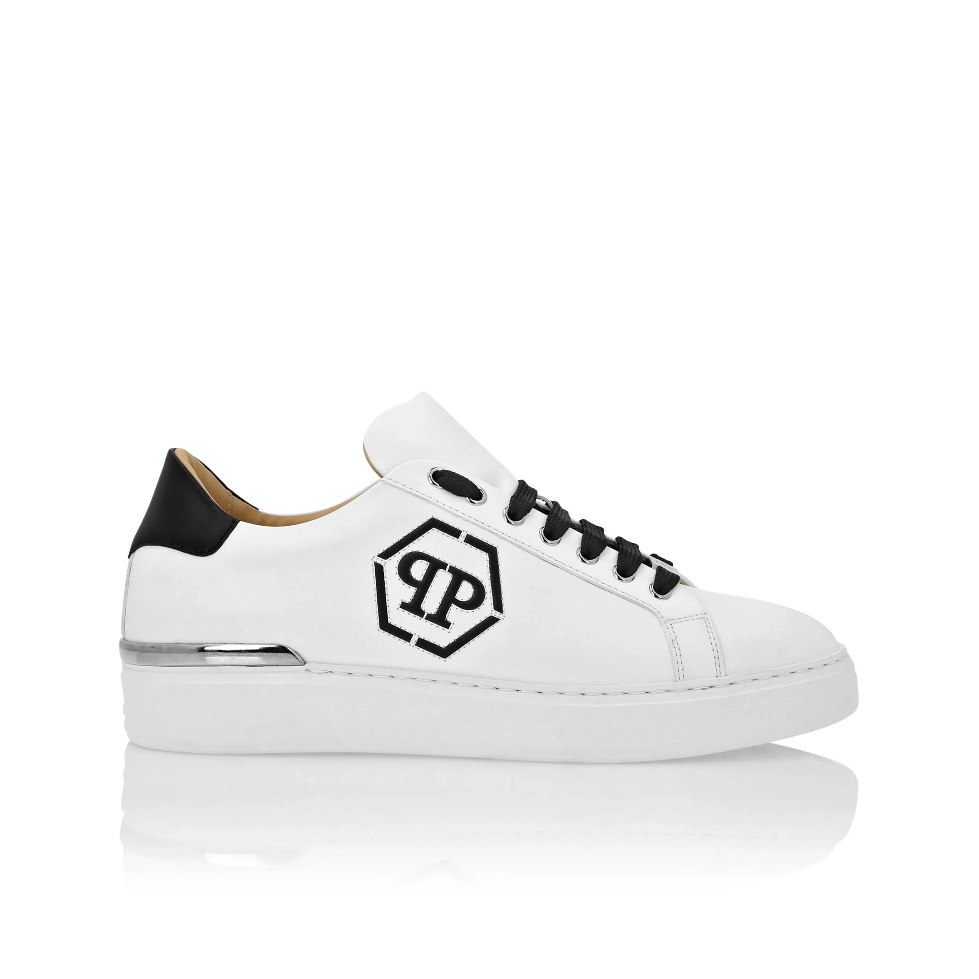Philipp Plein white and black Nappa leather lo-top sneakers, featuring contrasting leather collar, PP Hexagon logo print, and nickel-plated heel stabilizer, available at Lestyle Boutique.