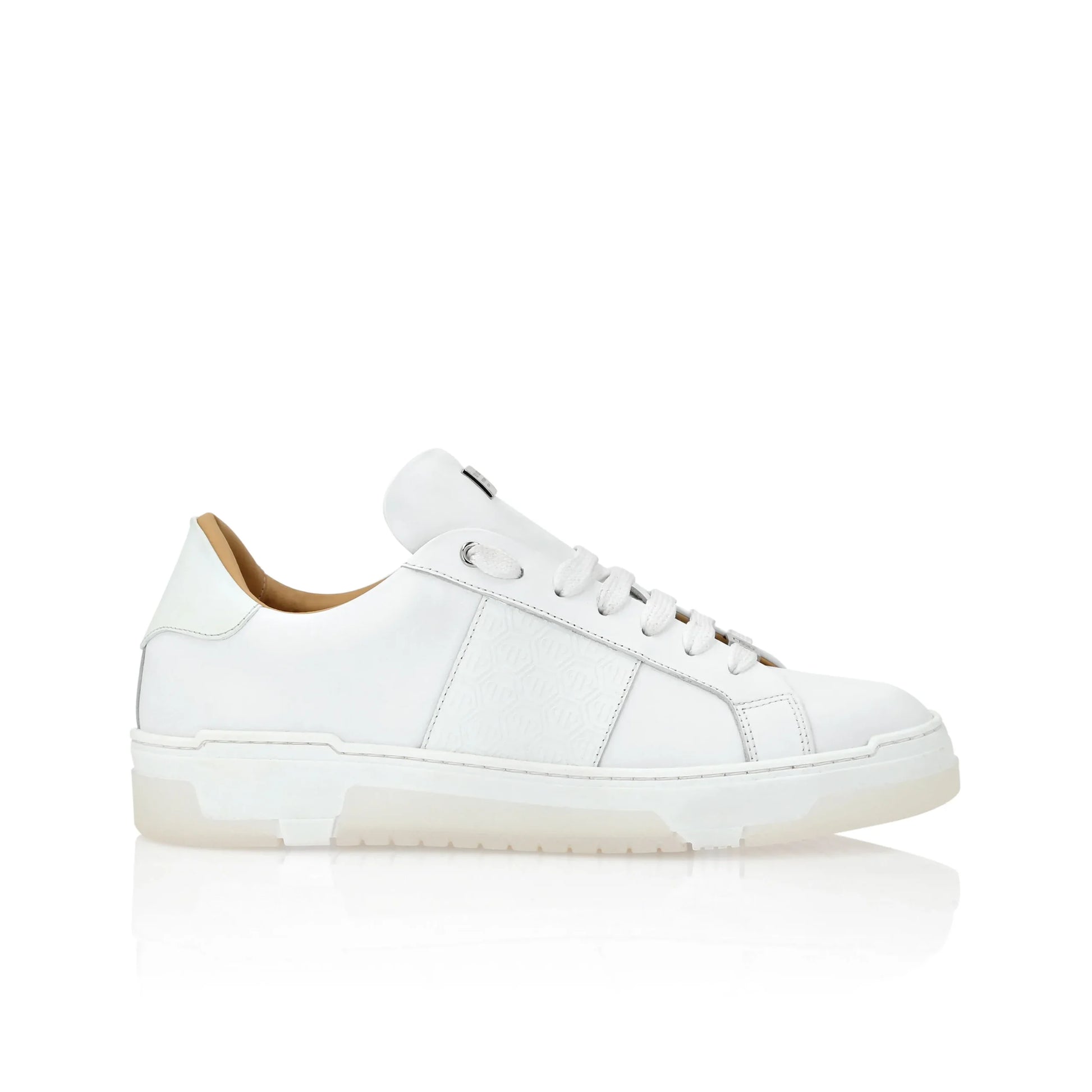 Philipp Plein white leather lo-top sneakers featuring contrasting rubber details, a bold coloured strap, and a shock-absorbing midsole, available at Lestyle Boutique.