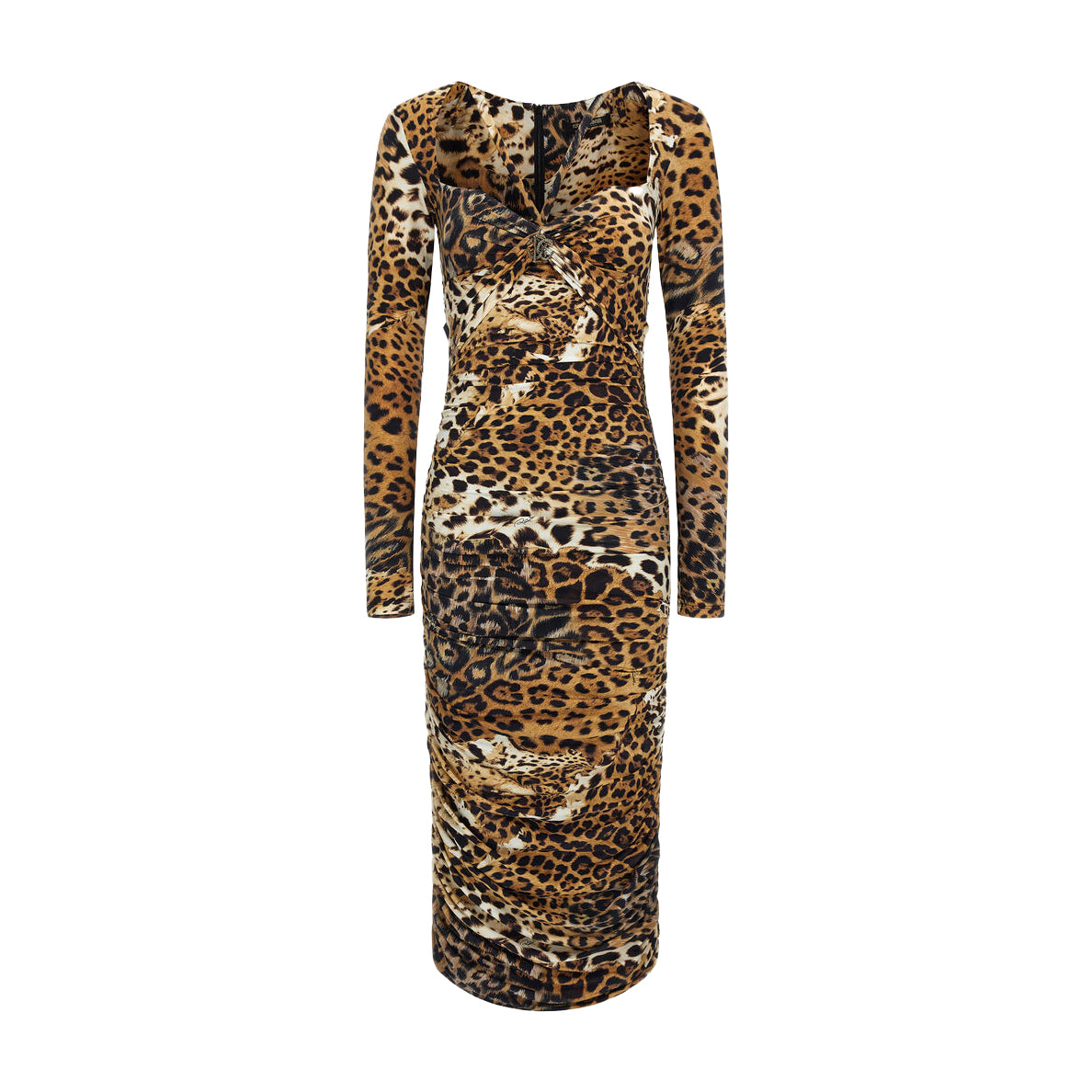 Roberto Cavalli form-fitting leopard print dress, featuring a detailed and vibrant pattern, available at select fashion retailers.
