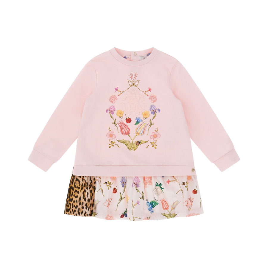 Roberto Cavalli Leopard and Flowers Print Dress in Pink with floral embroidery and contrasting prints, available at Lestyle Boutique Melbourne.