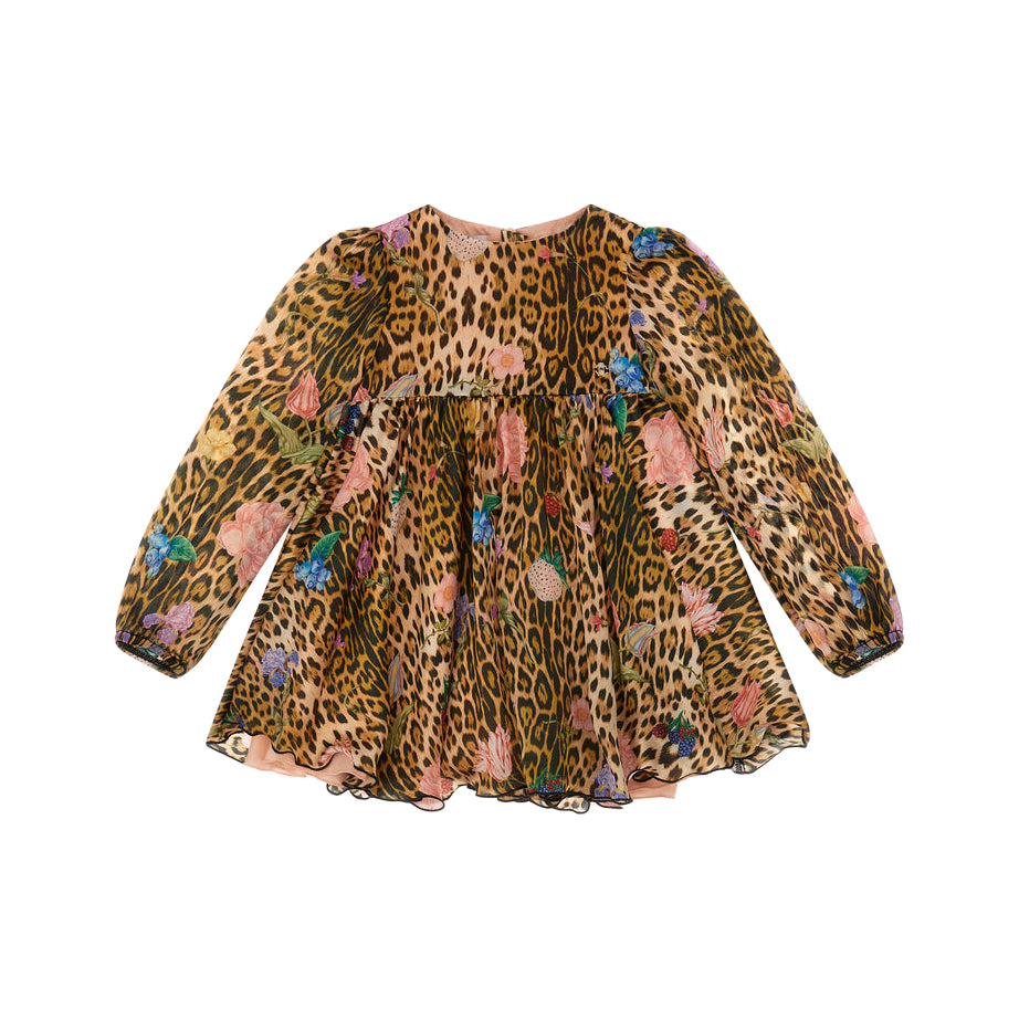 Roberto Cavalli Leopard Print Dress in Naturale, featuring floral accents and long sleeves, available at Lestyle Boutique Melbourne