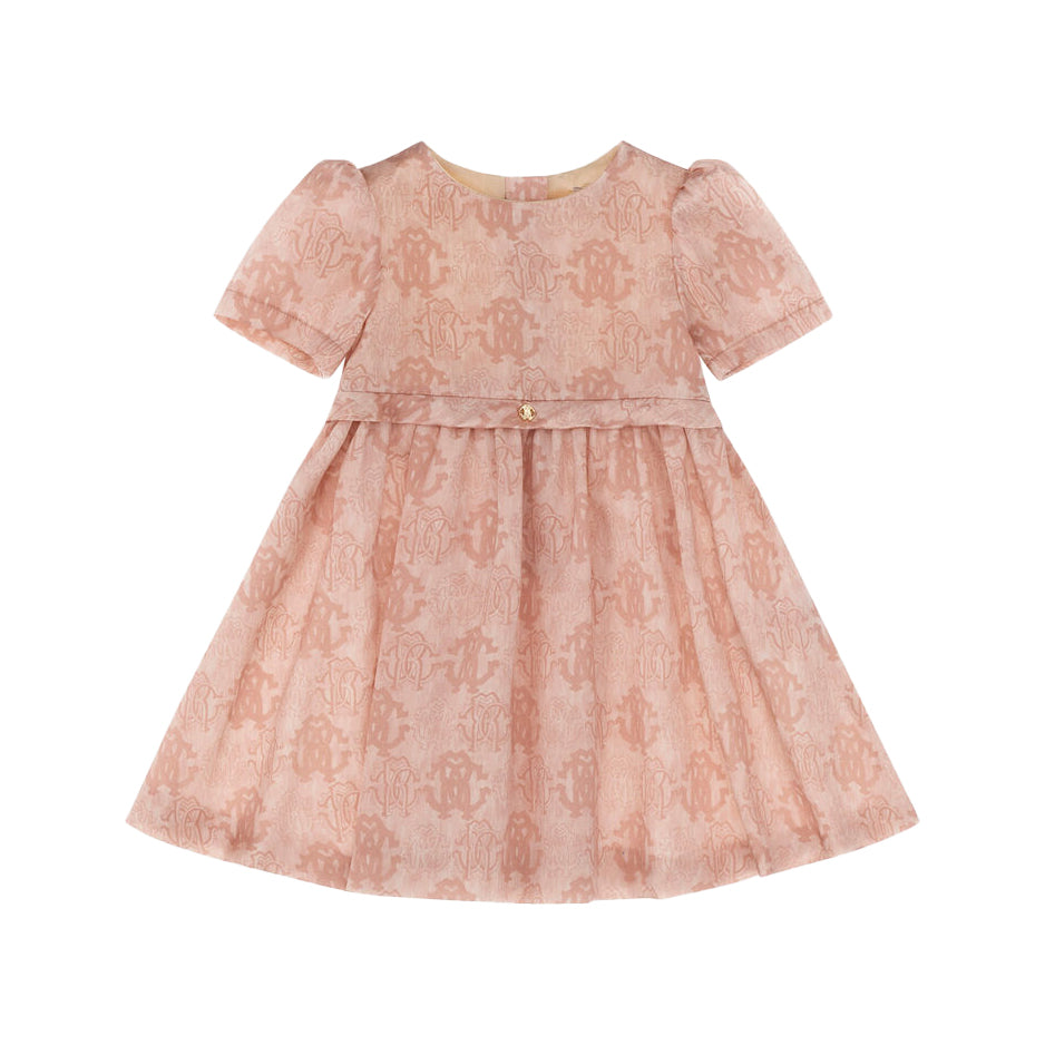 Roberto Cavalli Logo RC Dress in Light Pink, featuring the brand’s monogram motif and puff sleeves, available at Lestyle Boutique Melbourne.
