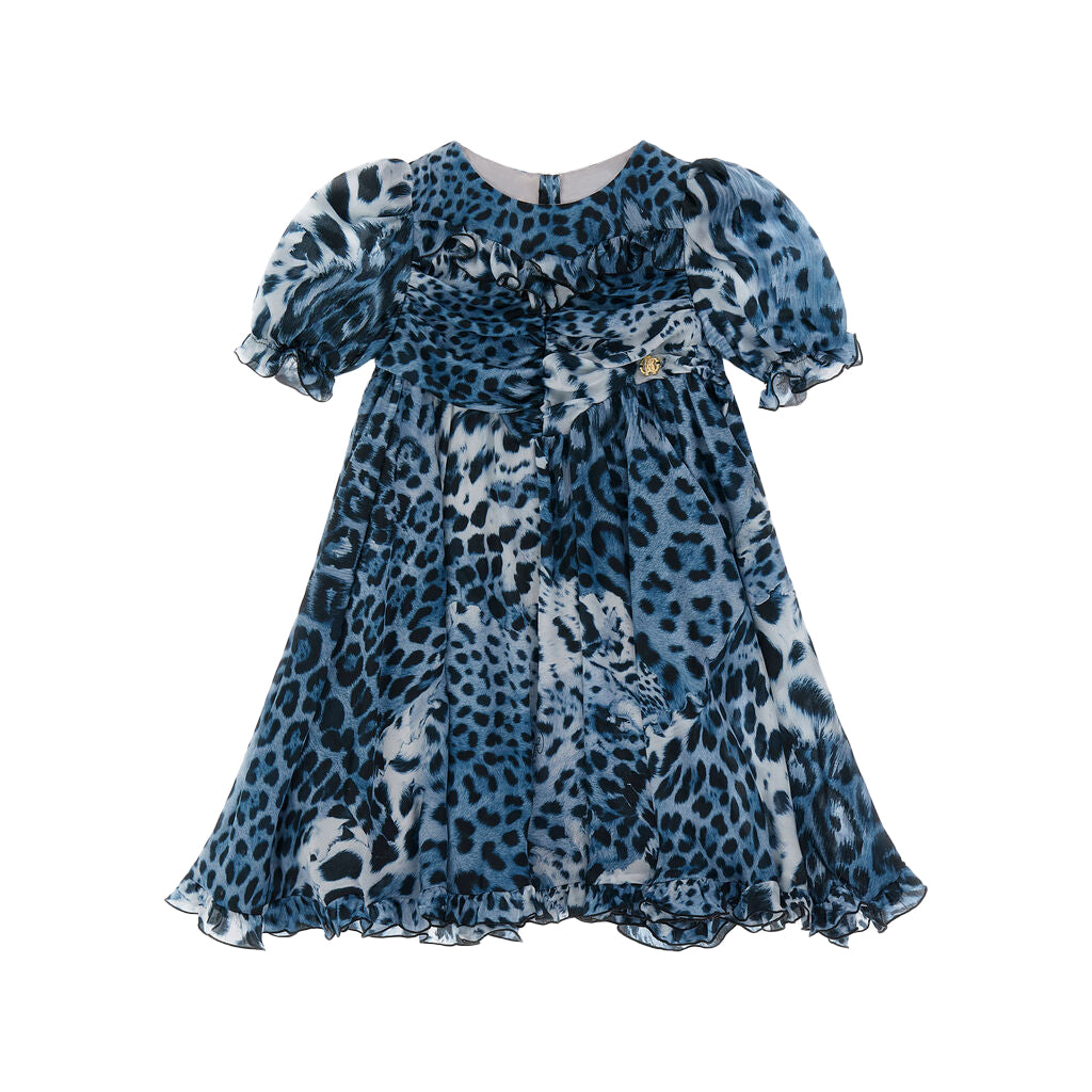 Roberto Cavalli Leopard Print Dress in Jaguar Skin Blue, featuring puff sleeves and ruffled details, available at Lestyle Boutique Melbourne.
