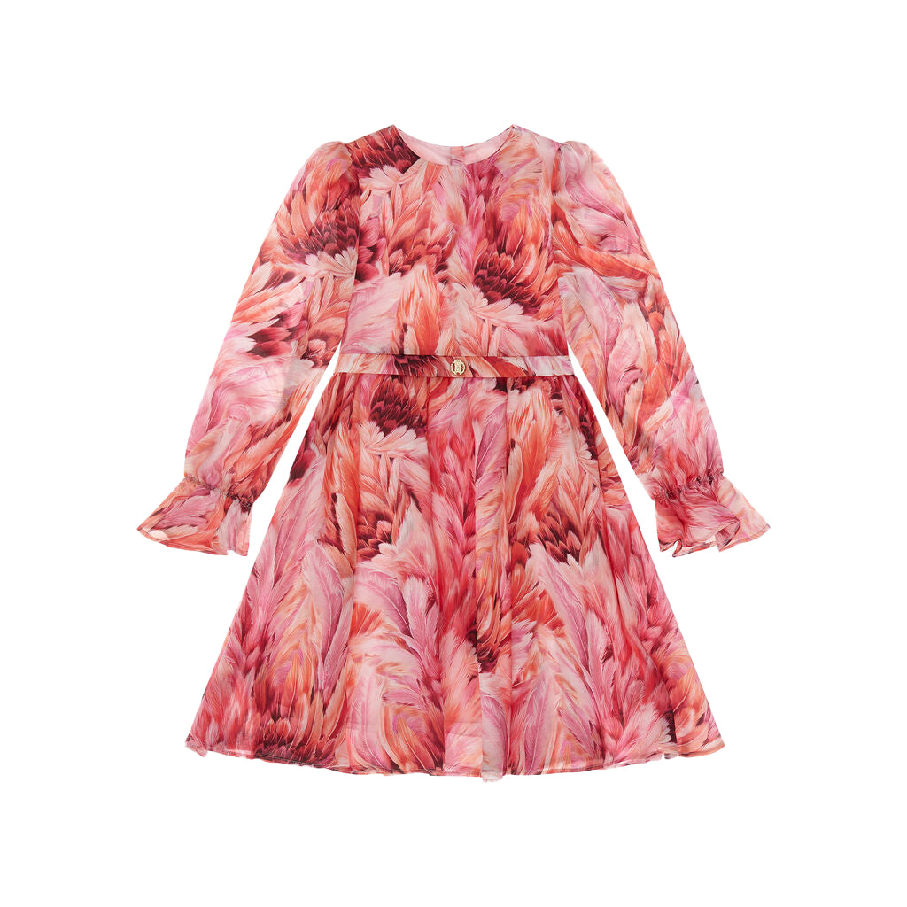 Roberto Cavalli Plumage Print Dress in Pink with feather-like motifs, available at Lestyle Boutique Melbourne.