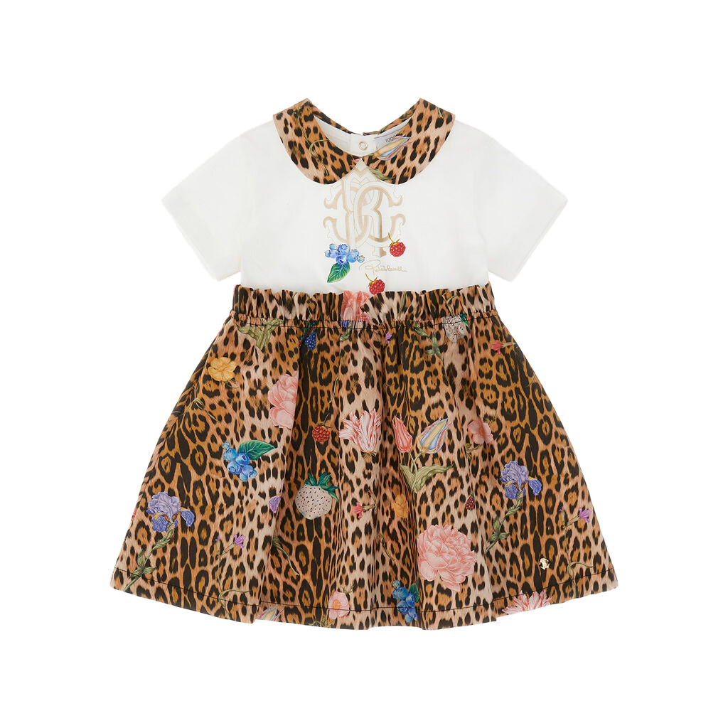 Roberto Cavalli Leopard and Flowers Print Dress in Milky White, featuring a leopard-print collar and vibrant floral accents, available at Lestyle Boutique Melbourne.