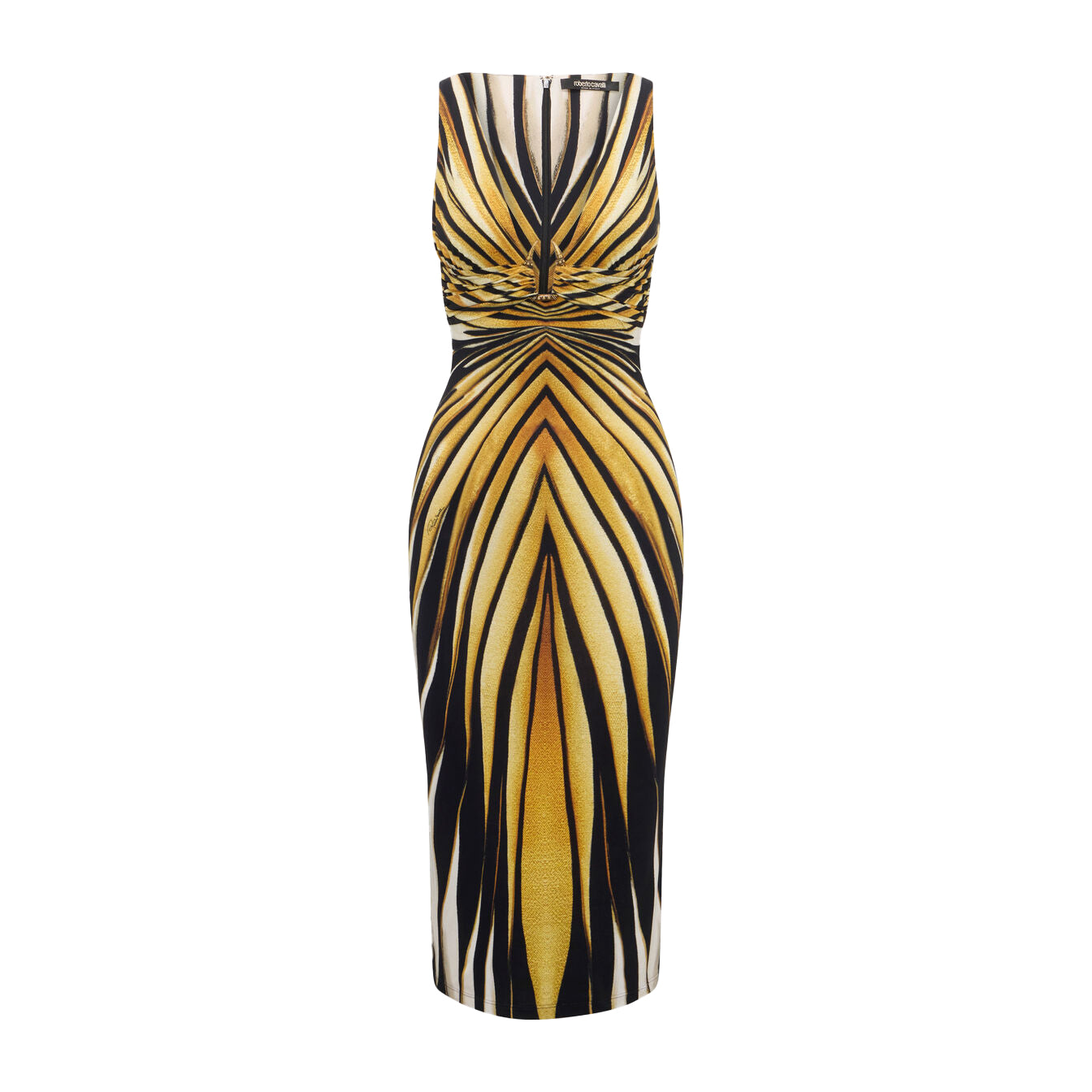 Roberto Cavalli Ray of Gold Print Fitted Dress in Gold, featuring a bold striped pattern, available at Lestyle Boutique Melbourne.