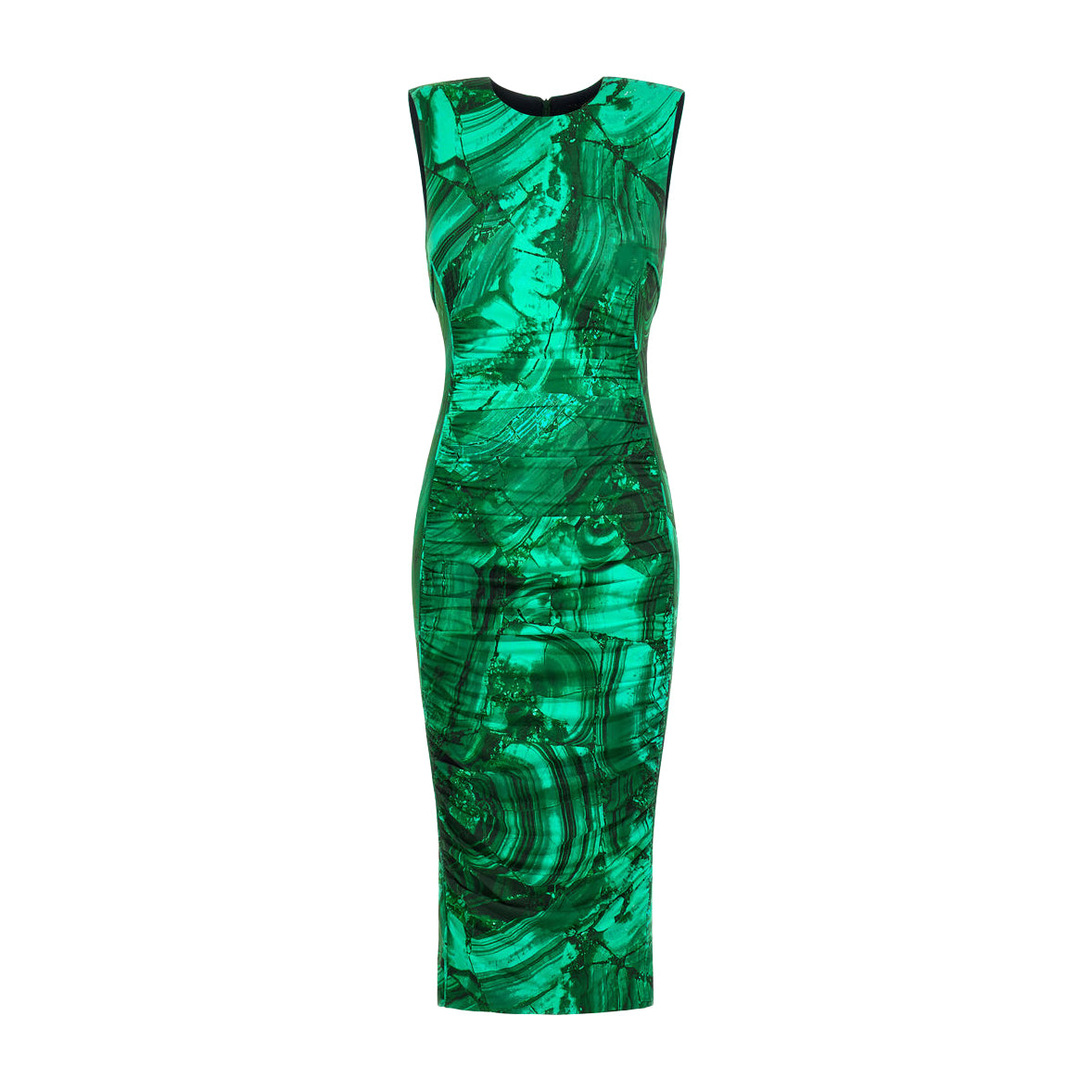 Roberto Cavalli Malachite Print Midi Dress in Green, featuring a stone-inspired pattern, available at Lestyle Boutique Melbourne.