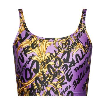 Versace Jeans Couture viola (purple) slim fit crop top with an all-over graphic print, contrast crew neck, short sleeves, available at Lestyle Boutique 136 Little Collins St.