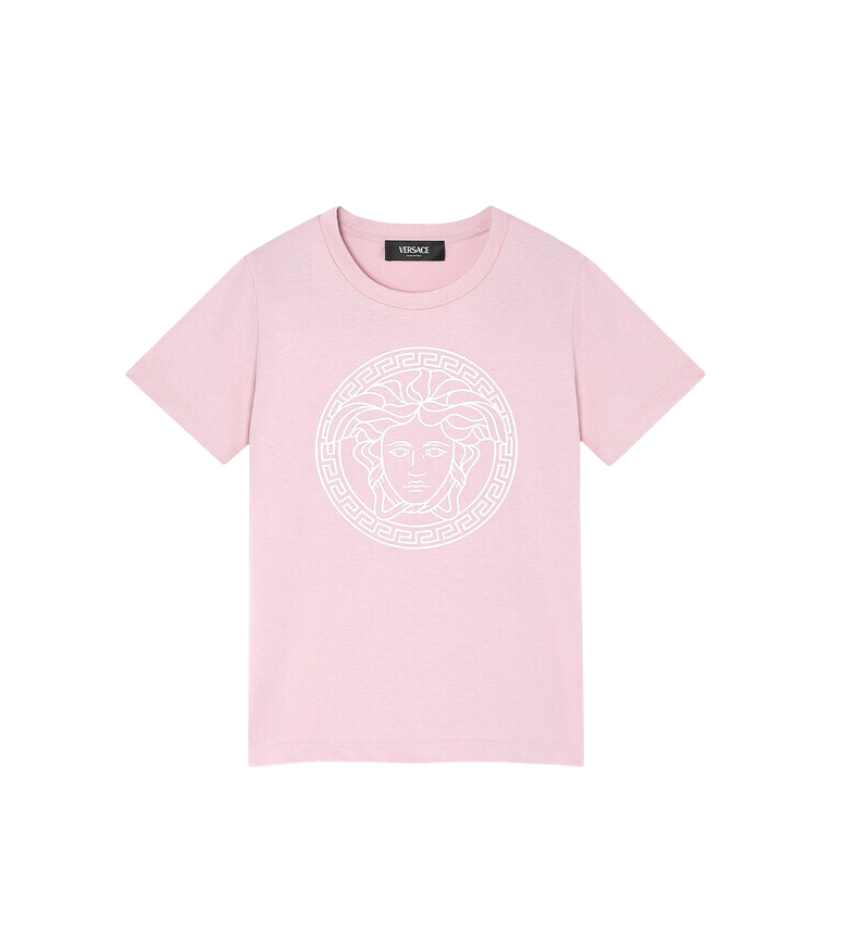 Pink t-shirt with a white logo on a white background