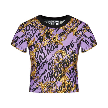 Versace Jeans Couture viola (purple) regular fit t-shirt featuring a graphic pattern and scoop neck, available at Lestyle Boutique 136 Little Collins St.
