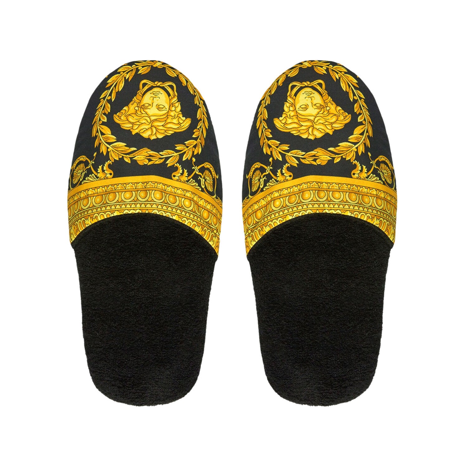 Versace black cotton slippers featuring I Love Baroque print on the uppers with soft terry towelling insoles, available in sizes S to XL, available at Lestyle Boutique 136 Little Collins St.