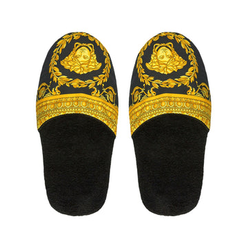 Versace black cotton slippers featuring I Love Baroque print on the uppers with soft terry towelling insoles, available in sizes S to XL, available at Lestyle Boutique 136 Little Collins St.