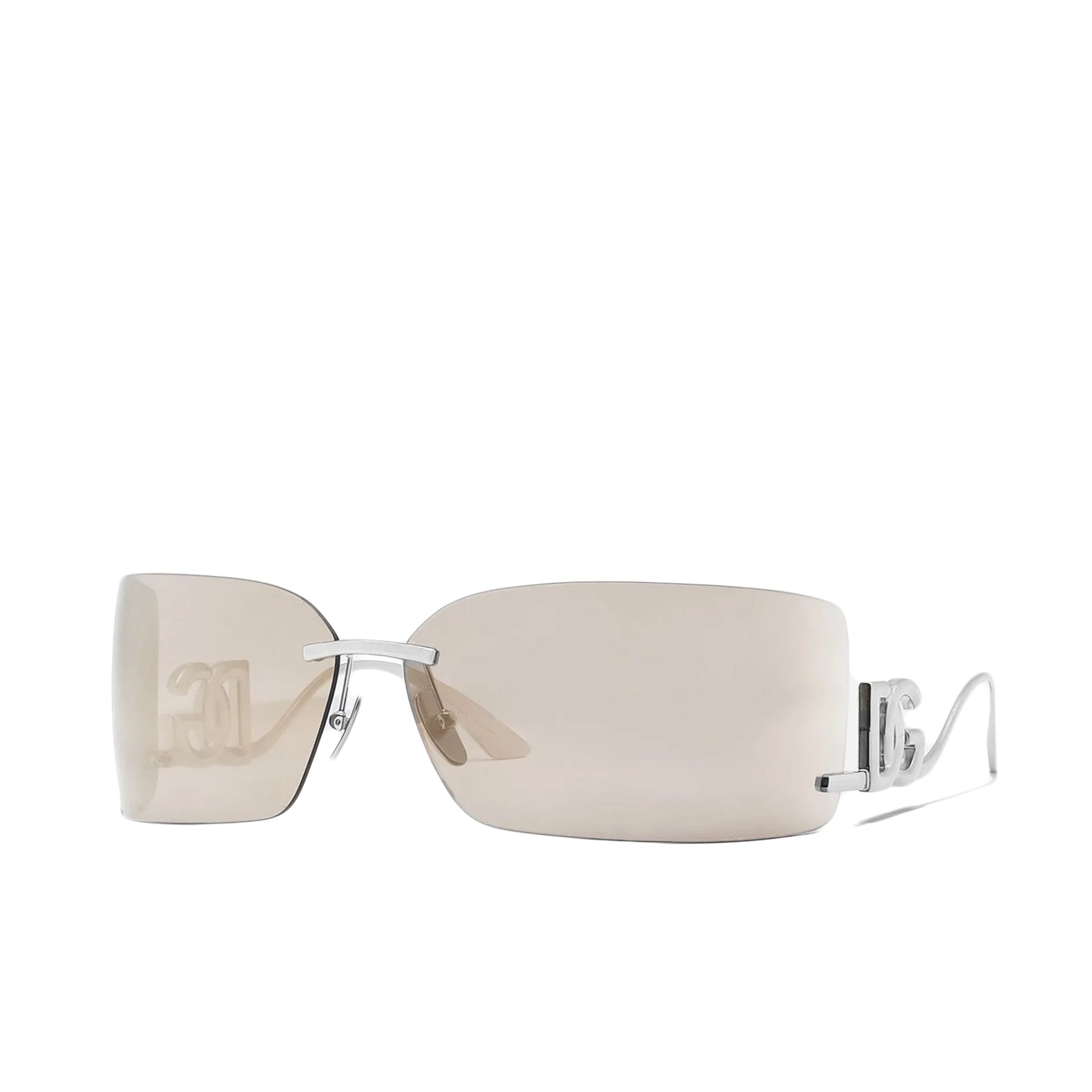 Dolce & Gabbana silver statement sunglasses with ivory mirror lenses and DG Crossed temples, available at Lestyle Boutique at 136 Little Collins Street, Melbourne.