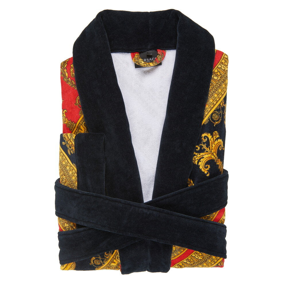 Black robe with red and gold pattern on a white background