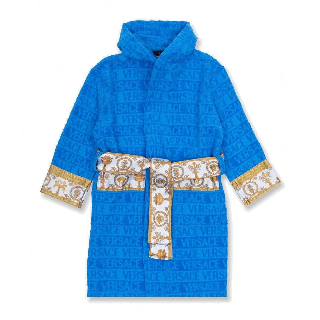 Versace Kids Belted Logo Monogram Hooded Robe in blue with gold baroque detailing, featuring an all-over Versace monogram print, a hooded design, and a belted waist, available at Lestyle Boutique.