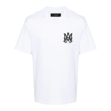 A white cotton t-shirt by AMIRI, available at Lestyle Boutique. Featuring an MA monogram logo on the chest and a bold AMIRI logo on the back, this tee offers classic design with elevated details.