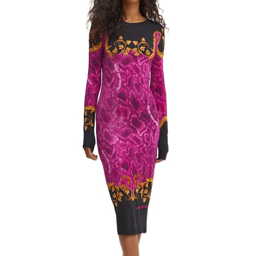 Versace Jeans Couture pink fitted midi dress, available at Lestyle Boutique Melbourne. A stylish and elegant choice for formal and casual occasions.
