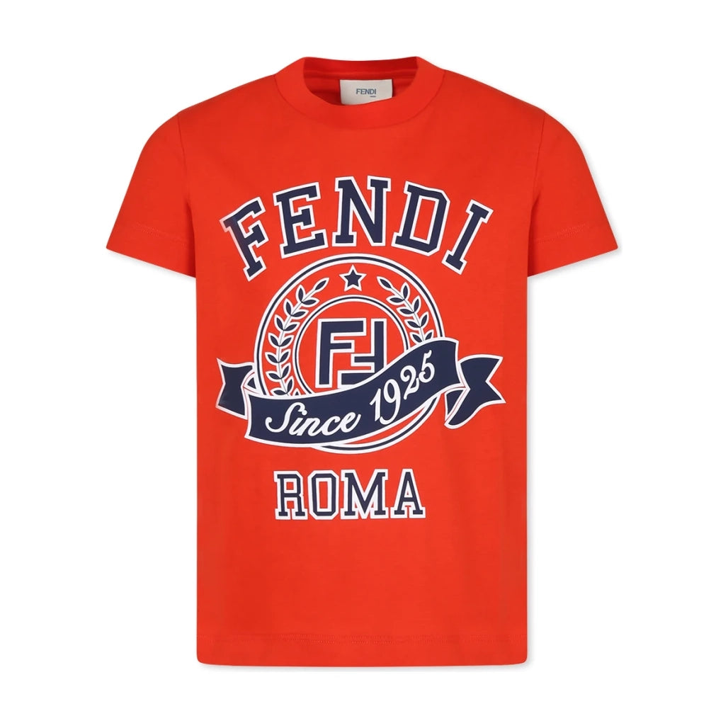 Fendi Kids red t-shirt with bold "Since 1925" Fendi Roma logo print, combining iconic branding with a bright, comfortable style for kids, available at Lestyle Boutique Melbourne.