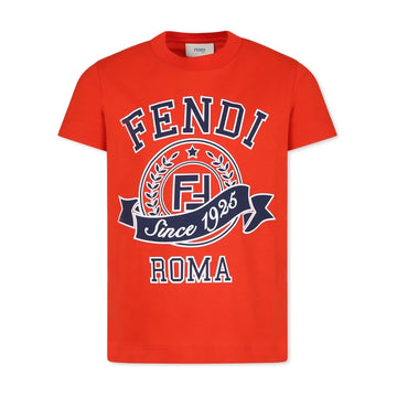 Fendi Kids red t-shirt with bold "Since 1925" Fendi Roma logo print, combining iconic branding with a bright, comfortable style for kids, available at Lestyle Boutique Melbourne.
