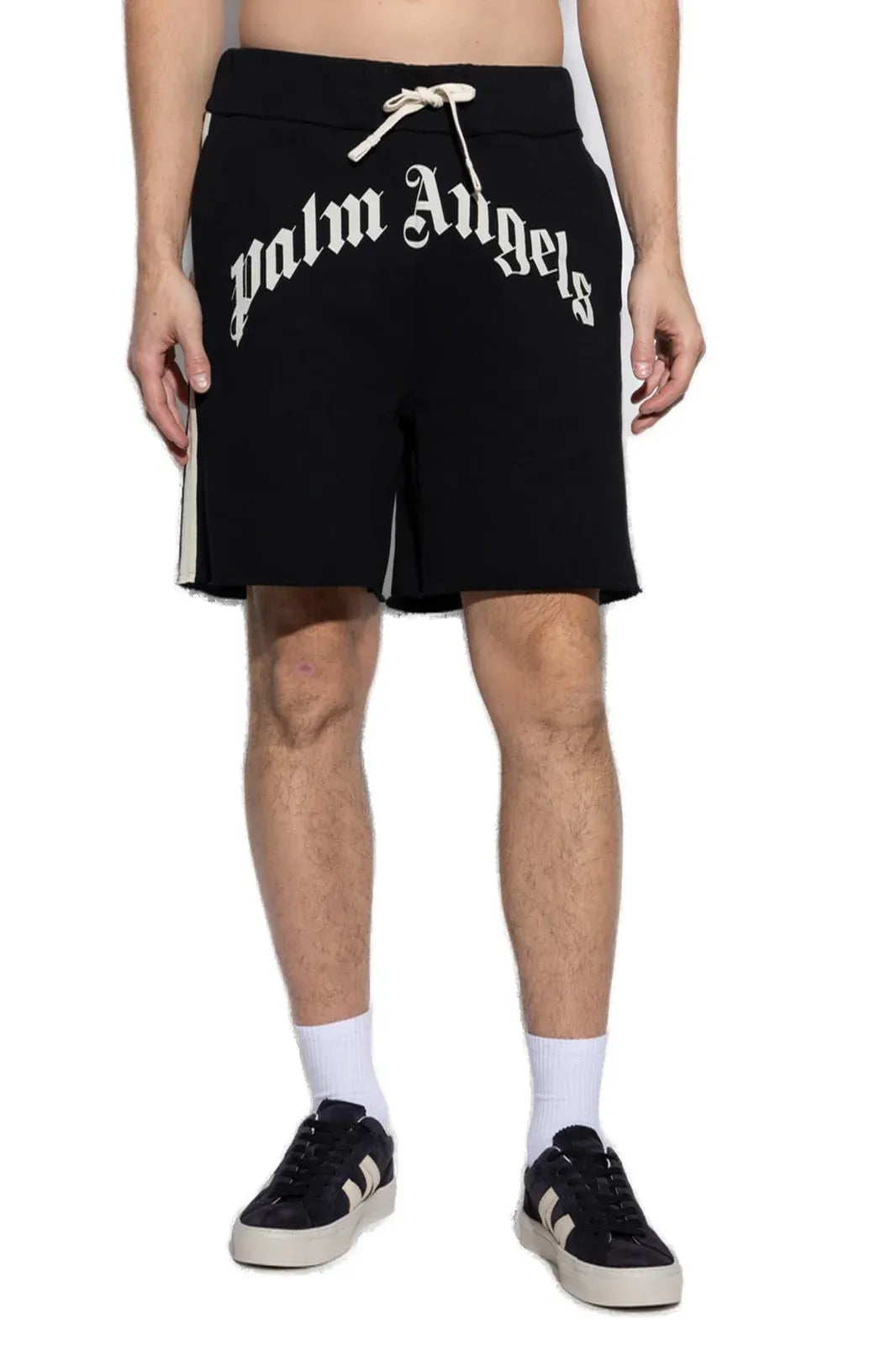 Palm Angels black logo-printed drawstring track shorts with side stripe detailing, available at Lestyle Boutique.
