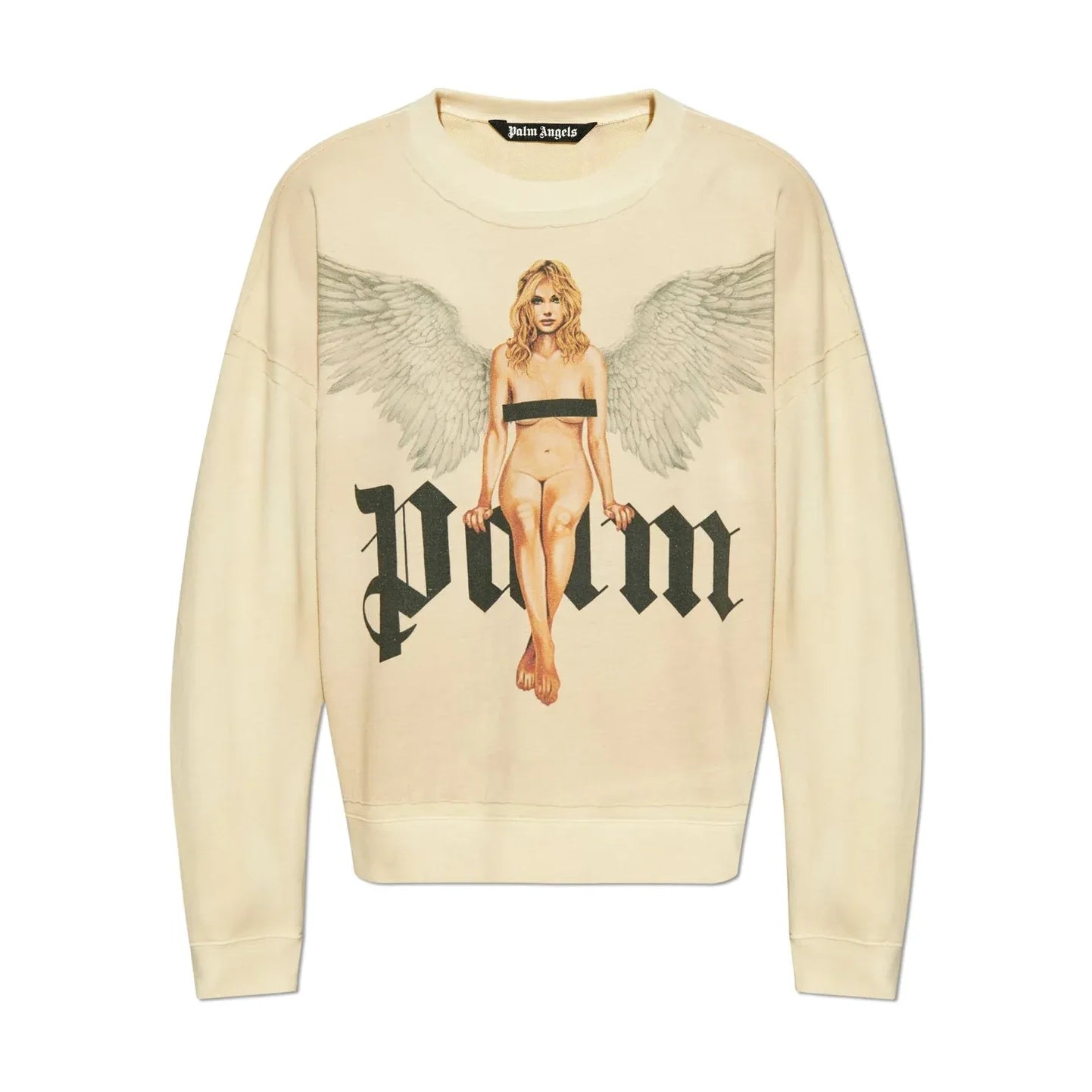 Palm Angels beige Angel Wings Printed Pin-Up Sweatshirt with ribbed cuffs, hem, and bold front graphic, available at Lestyle Boutique.