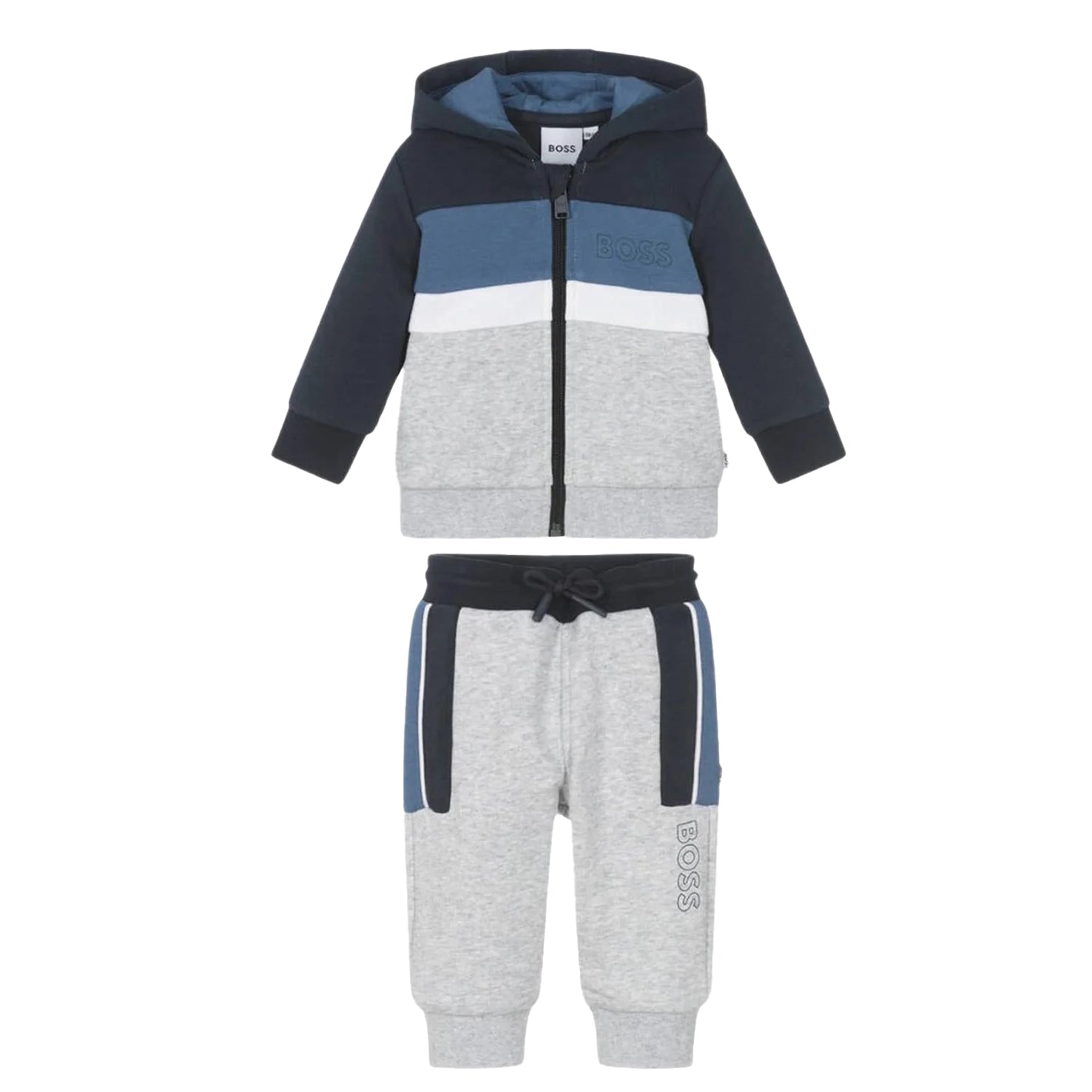 BOSS Kidswear grey and blue colour-block tracksuit, available at Lestyle Boutique.