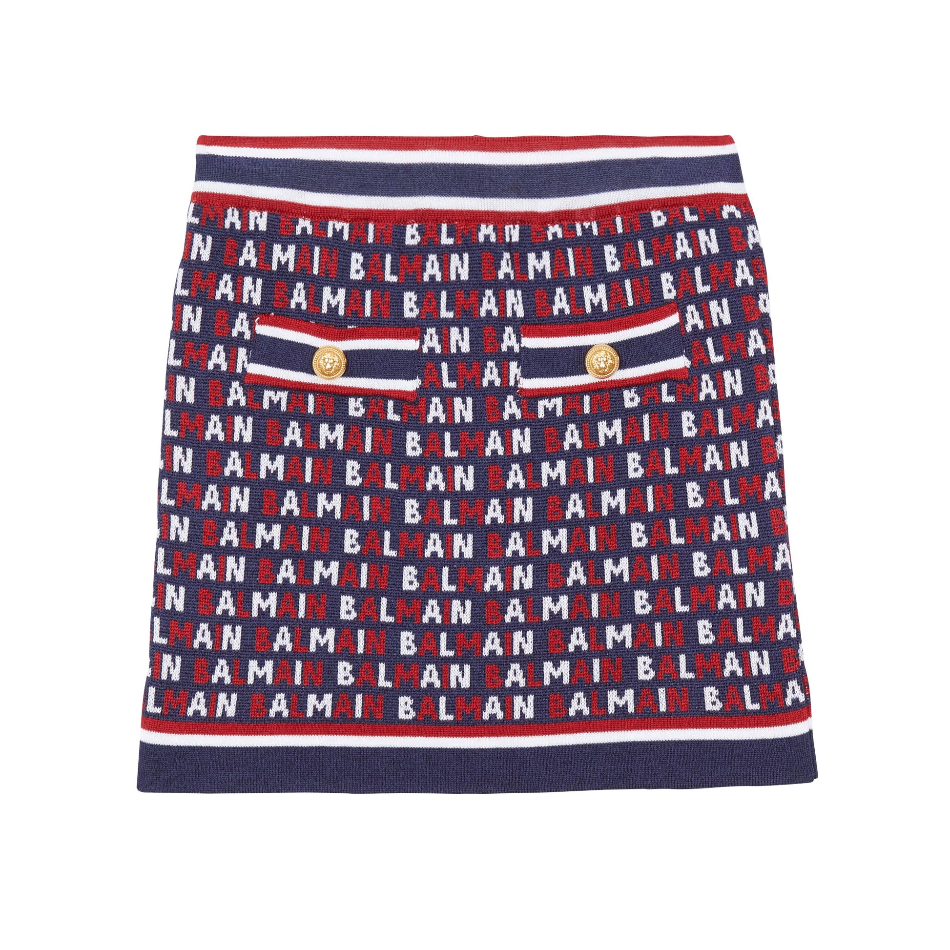 Balmain kids skirt featuring a vibrant red and navy color scheme with the iconic Balmain monogram knit design. This stylish piece is crafted from premium materials, ensuring comfort and durability for young fashionistas. The skirt offers a trendy fit, perfect for casual outings or special occasions. Ideal for girls who love to express their unique style, available at Lestyle Boutique Melbourne.