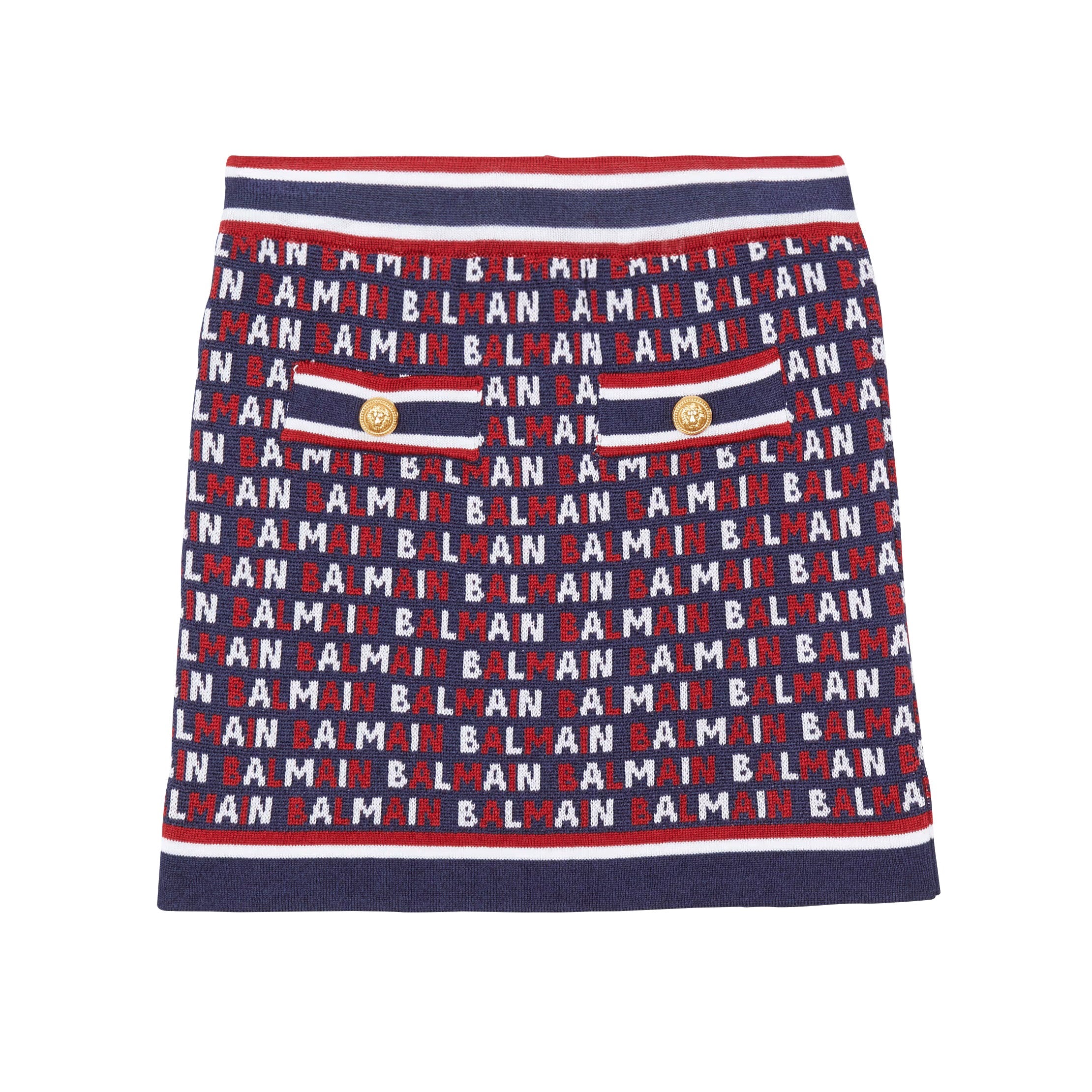 Balmain kids skirt featuring a vibrant red and navy color scheme with the iconic Balmain monogram knit design. This stylish piece is crafted from premium materials, ensuring comfort and durability for young fashionistas. The skirt offers a trendy fit, perfect for casual outings or special occasions. Ideal for girls who love to express their unique style, available at Lestyle Boutique Melbourne.