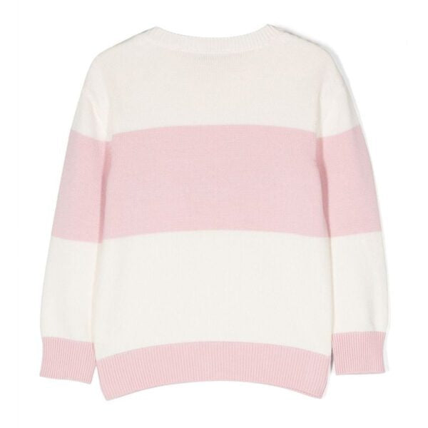 Moschino kids sweatshirt in pink and white with bold logo print and wide horizontal stripes, available at Lestyle Boutique 136 Little Collins St.