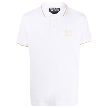 Versace Jeans Couture white cotton polo shirt with gold-trim collar and sleeve accents, and plastic chest logo, available at Lestyle Boutique 136 Little Collins St.