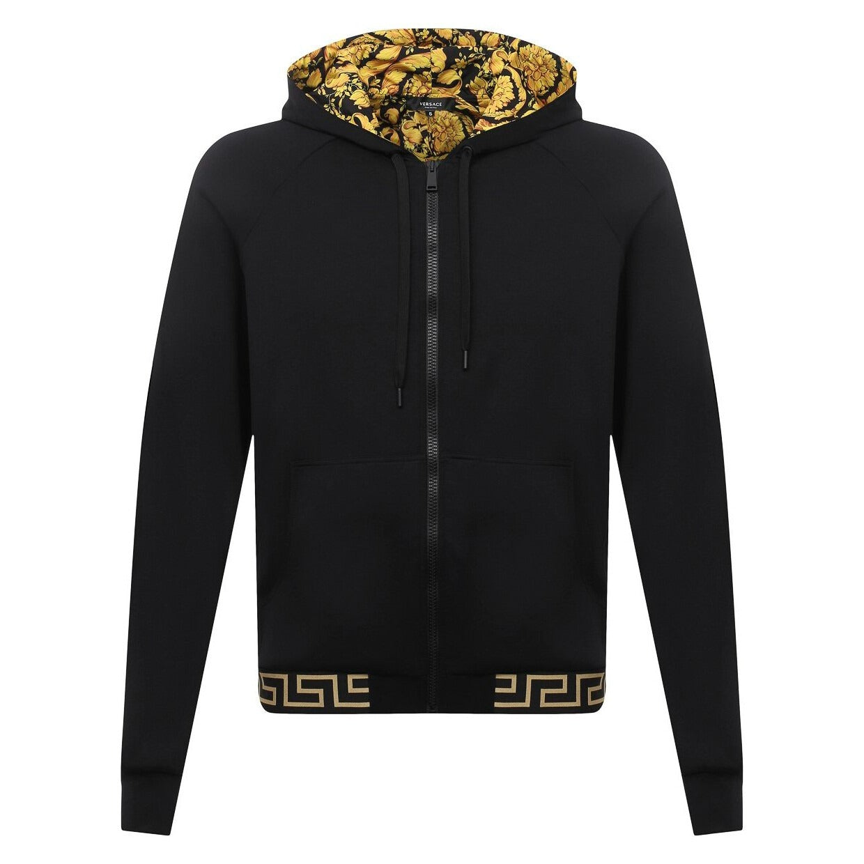 Versace black cotton-blend zip sweatshirt with signature Greca border trim, Barocco print hood lining, drawstring hood, and front zip fastening, available at Lestyle Boutique 136 Little Collins St.