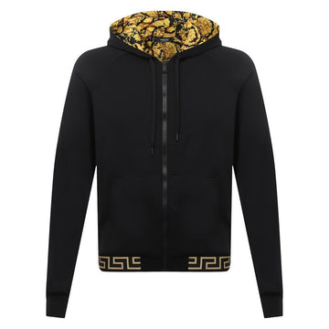 Versace black cotton-blend zip sweatshirt with signature Greca border trim, Barocco print hood lining, drawstring hood, and front zip fastening, available at Lestyle Boutique 136 Little Collins St.