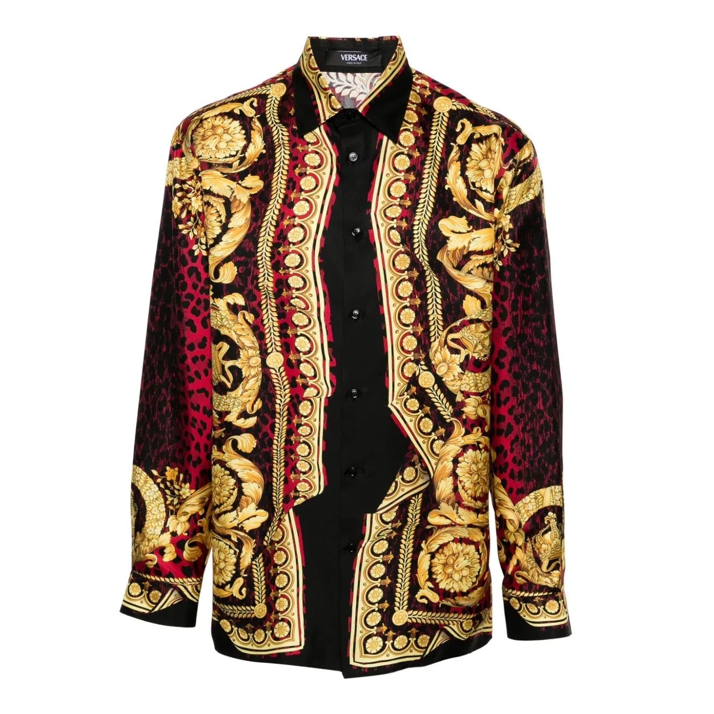 Versace long-sleeve shirt in multicolour with all-over Barocco print, made from 100% silk twill with buttoned cuffs and classic collar, available at Lestyle Boutique 136 Little Collins St.