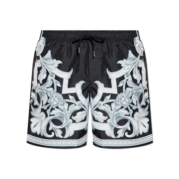 Versace multicolour silk shorts with Medusa Amplified print, elasticated waistband, side inset pockets, and rear patch pocket, made in Italy, available at Lestyle Boutique 136 Little Collins St.