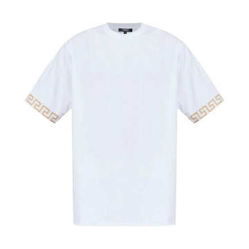 Versace white cotton T-shirt with gold Greca motif on the sleeves, featuring a crew neck, short sleeves, and straight hem, made in Italy, available at Lestyle Boutique 136 Little Collins St.