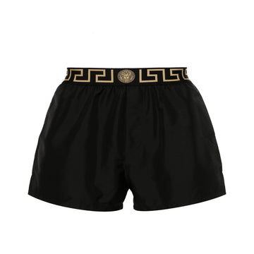Versace black swim shorts with elasticated Greca border waistband and central Medusa motif, made from 100% polyester, made in Italy, available at Lestyle Boutique 136 Little Collins St.