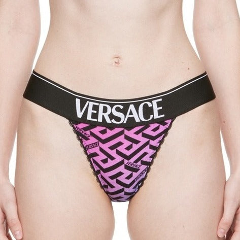 Versace multicolour thong with La Greca print in pink and yellow, black waistband with bold Versace logo, available at Lestyle Boutique 136 Little Collins St.