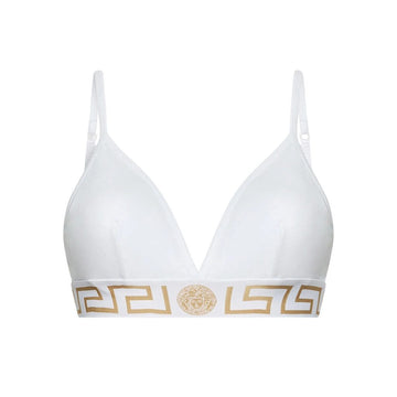 Versace white bralette with stretch cotton fabric, Greca motif underband, Medusa head emblem, and hook and eye fastening, available at Lestyle Boutique 136 Little Collins St.
