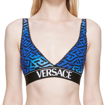 Versace multicolour cotton bralette with La Greca pattern, black logo underband, adjustable straps, and hook and eye closure, available at Lestyle Boutique 136 Little Collins St.
