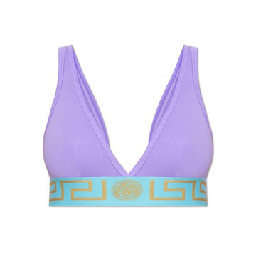 Versace light purple cotton bralette with light blue Greca underband and beige Medusa emblem, featuring hook and eye closure, available at Lestyle Boutique 136 Little Collins St.