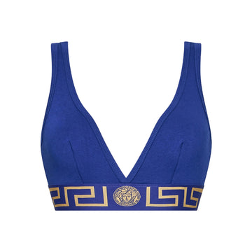 Versace blue cotton blend triangle bralette with gold-tone Greca underband, Medusa head motif, and rear clasp fastening, available at Lestyle Boutique 136 Little Collins St.
